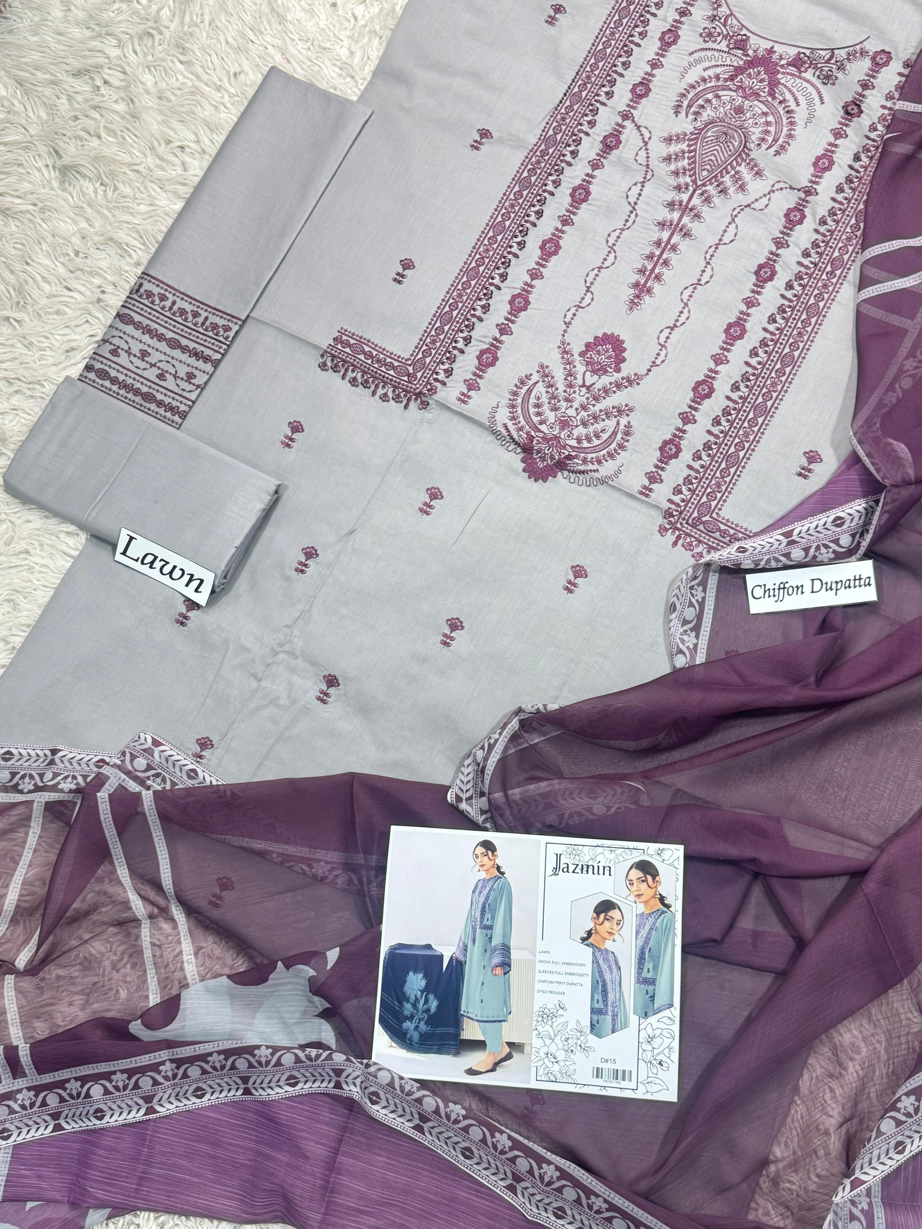 Lawn-3PC Embroidered with Digital Printed Chiffon Dupatta